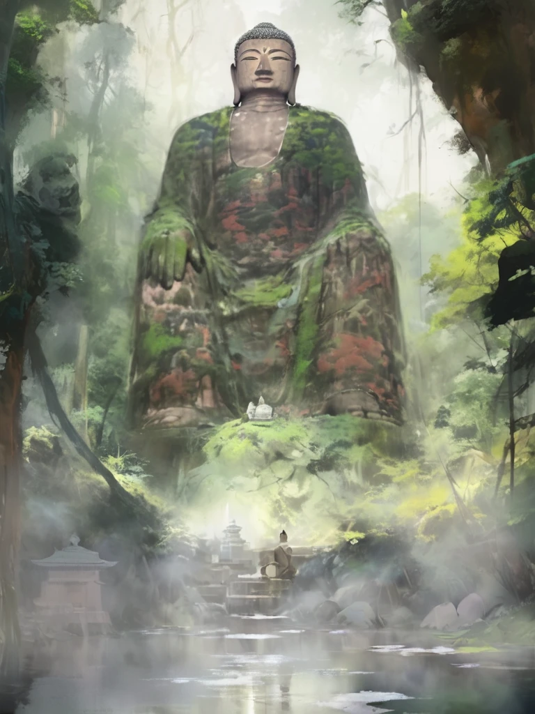 Painting of Buddha statue in the forest,Digital Painting, There is a Buddha statue in the mysterious forest，Leshan Giant Buddha，In front of the pond，CG concept art，Foggy