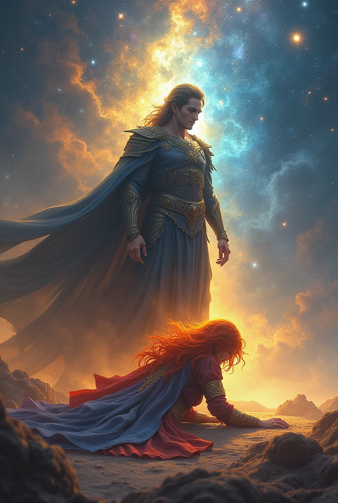 A woman with a colorful robe and orange hair is defeated on the floor by a man who is victorious after winning the battle, they are in a beautiful celestial landscape.
