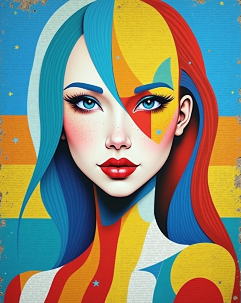 [Core Concept]
A visually striking typography poster that features a woman's face composed of colorful text.

[Character Description]
The woman's facial features are formed by the arrangement of the text, creating a captivating and expressive portrait.

[Environment/Background]
The background is set against a vibrant, multicolored palette, adding a dynamic and eye-catching element to the design.

[Style and Atmosphere]
The overall aesthetic is modern, bold, and artistic, with a playful and visually engaging composition.

[Composition]
The text is expertly arranged to flow and curve in a way that seamlessly integrates with the woman's facial structure, creating a harmonious and visually compelling piece.

[Details and Embellishments]
The individual letters and words are rendered in a variety of colors, textures, and styles, adding depth and visual interest to the typography-based portrait.

[Technical Specifications]
This digital artwork would be suitable for high-quality printing as a poster, with a resolution and file format suitable for professional printing.