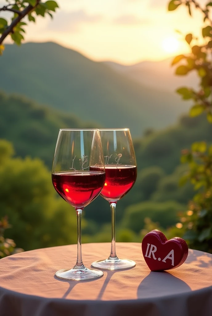 Two glasses of romantic wine with a Miraflores landscape in the background and a heart with the letter R and the letter A in one corner.
