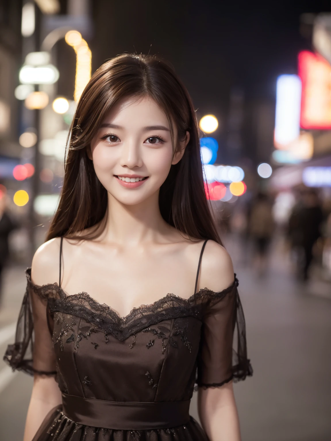 ((Highest quality, 8k, masterpiece :1.3)), 1 girl, smile, whole body, Face thinning, Beautiful woman, (Dark brown hair), Full-length dress :1.1, Highly detailed face, Delicate eyes, double eyelid, Blurred Background, Face thinning, city, External, street,