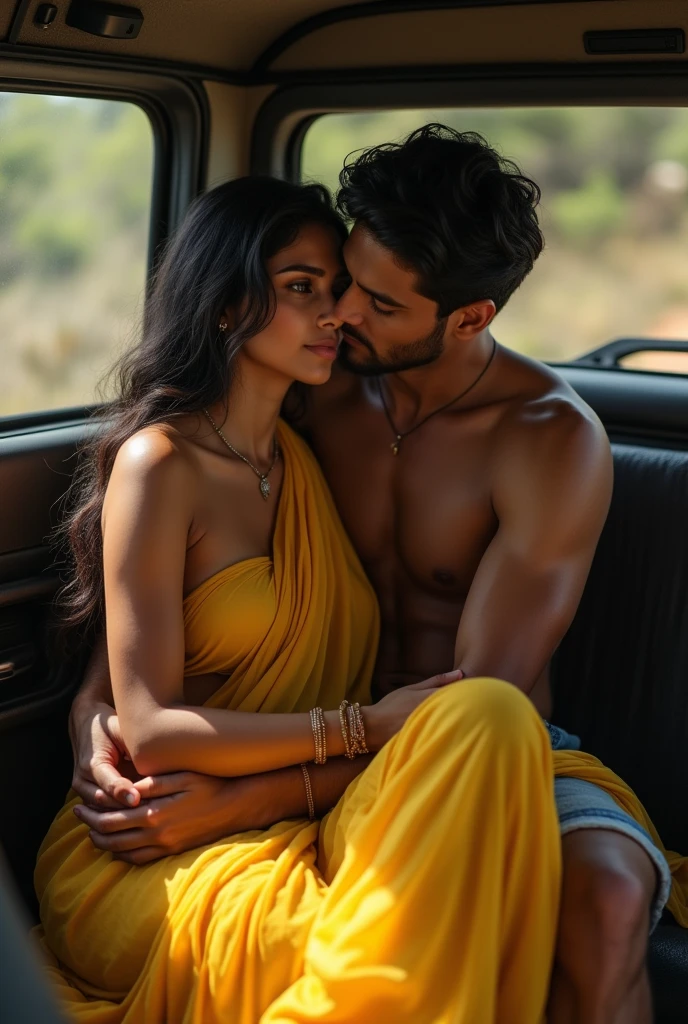 two lovers in a jeep, realistic indian woman and simple handsome man, romancing at the back seat. the girl is wearing plain yellow sheer simple sari, sari is little off her shoulder revealing boobs and nipples, she is not wearing bra, boy is hugging from behind and groping her breast from behind