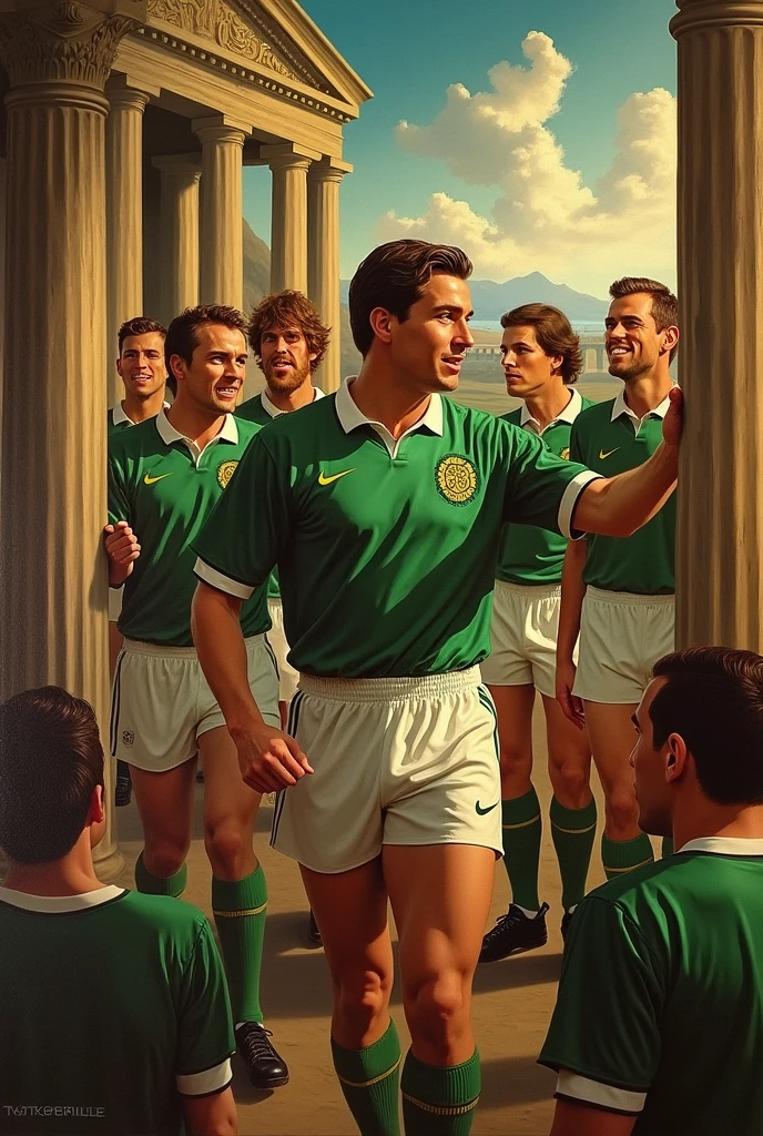 Please create a Renaissance style picture of Celtic’s 1966/67 treble (UEFA Champions League, Scottish First Division and Scottish League Cup) with ancient Greek setting. Use techniques such as chiaroscuro and warm color palette.