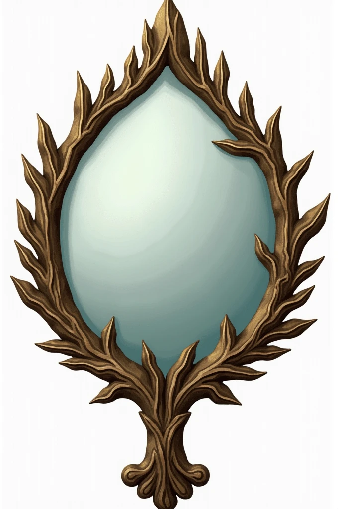 Illustration of a small, antique mirror in the shape of a tree leaf