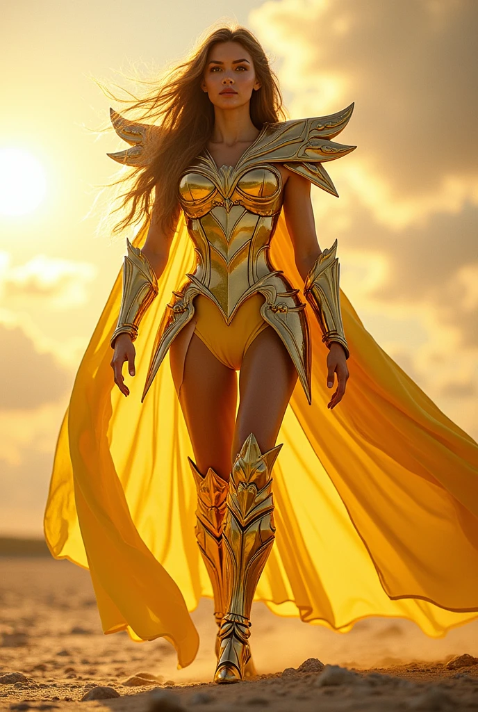 a beautiful female saint seiya, seductive body,walking, In the bright light of the film, the highly detailed depiction of Saint Seiya in golden Armor, their iconic sagittarius ailos, stands out. The armor shines brilliantly with realistic and hyper-realistic levels of detail, highlighting every part and intricacy. The Saint Seiya characters stand tall, walk exuding a sense of strength and determination, with their eyes shining and their lips finely sculpted. The entire scene is set against a cle