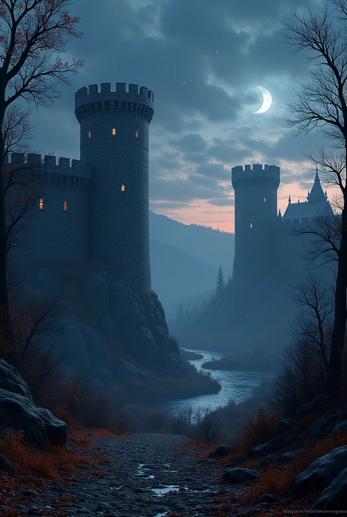 Two enemy castles in autumn night