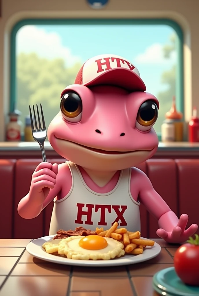 "Create an image of a cartoon-style pink frog character with large eyes, sitting in a retro diner. The frog is wearing a white tank top with the text 'HTX' written on it in bold, visible letters. The frog is also wearing a red and white cap. It is holding a fork and looking at a plate with fried eggs, bacon strips, and French fries. The background should have a cozy diner interior with a window showing a sunny day outside and various condiments on the table