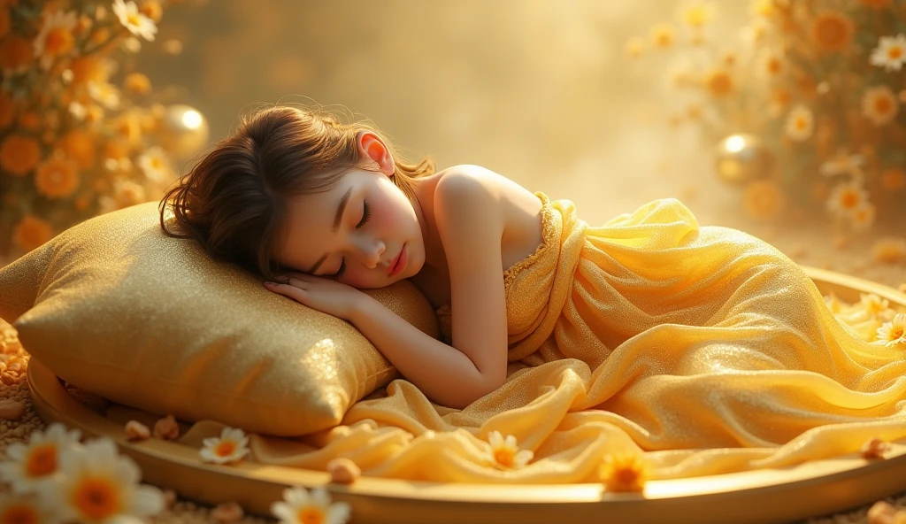 Beautiful girl in golden dress sleeping on golden chibi