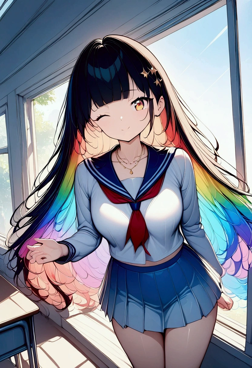(((anime))) A woman winking,Cutesy,student,Short,Long Hair,Fluffy long hair,(Rainbow Hair),Oblique bangs,necklace,Yellow Eyes,Big eyes Sailor suit,mini skirt,classroom,Light pours in through the window,sunlight,masterpiece,Highest quality,Exquisite,8k,Absurd,Ultra-fine illustrations,(View your audience)