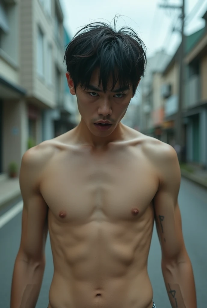 Real photo style、Realistic、Cute handsome man、Idol face、、Japanese、Slim body、Mash Hair、Ripped clothes、Completely naked、Full nudity、Frightened expression、On the road