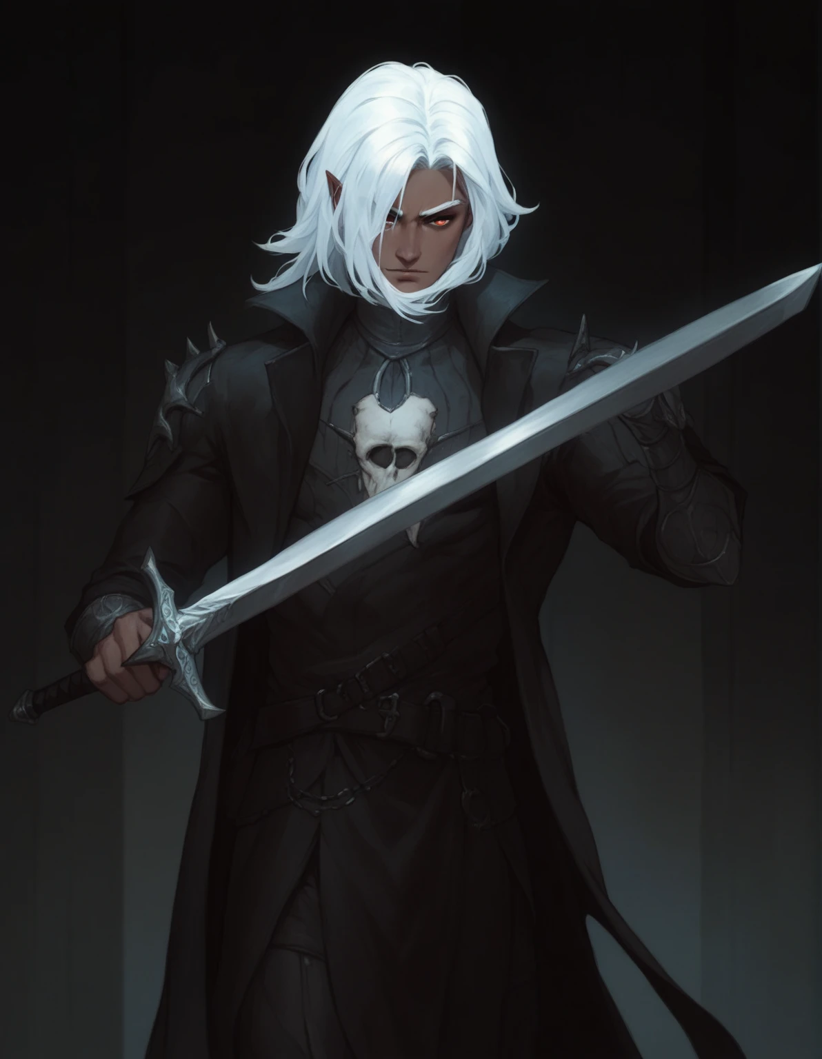 a close up of a person holding a sword in a dark room, dark fantasy character design, male drow, male vampire of clan banu haqim, handsome drow, elric of melnibone, fantasy ttrpg villain, dark elf, portrait of drizzt do'urden, thancred waters in style of wlop, dark fantasy style art