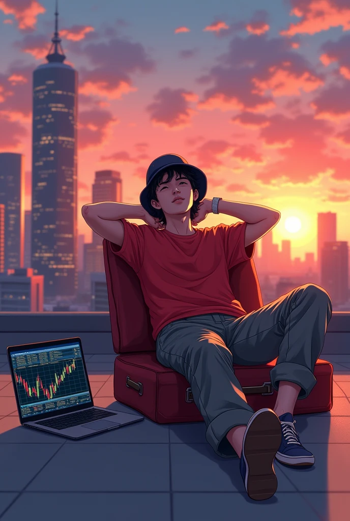 Create an anime-style digital illustration of a young man relaxing on a rooftop during a beautiful sunset. The scene should depict the young man reclining on a red suitcase, leaning back comfortably with his hands behind his head, wearing a loose red T-shirt and baggy cargo pants. He is wearing a casual bucket hat that slightly shades his face, with a serene and peaceful expression as he enjoys the warm glow of the setting sun. The skyline behind him is filled with modern skyscrapers bathed in the orange and pink hues of sunset. On the ground next to him is an open laptop showing detailed financial trading graphs, indicating he's taking a break from work. The overall mood of the image should convey a blend of relaxation, freedom, and contemplation, with soft shadows and a glowing sky that highlights the tranquil evening atmosphere."