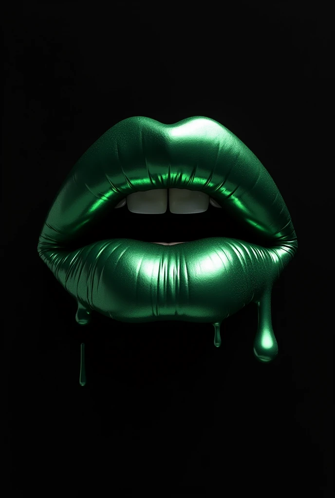 make a giant female closed mouth with shiny metallic dark green lips, is melting and dripping, It's just the mouth on a black background,