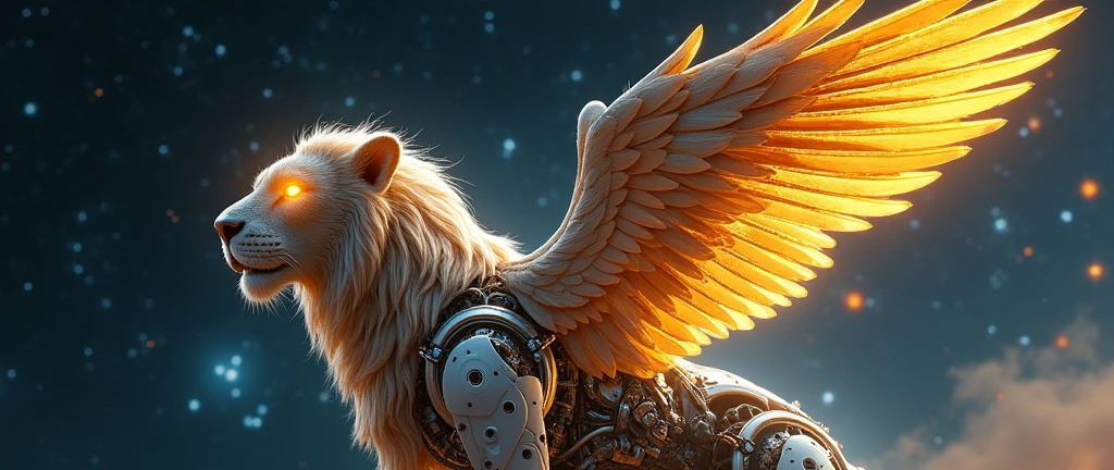A griffin, the lion's body is made of precision mechanical parts, the wings are transparent golden solar panels, the eyes are shining with electronic light, showing a futuristic beauty, the background is the bright stars and distant galaxies. Professional photos, the best quality, ultra-high definition, masterpiece.
