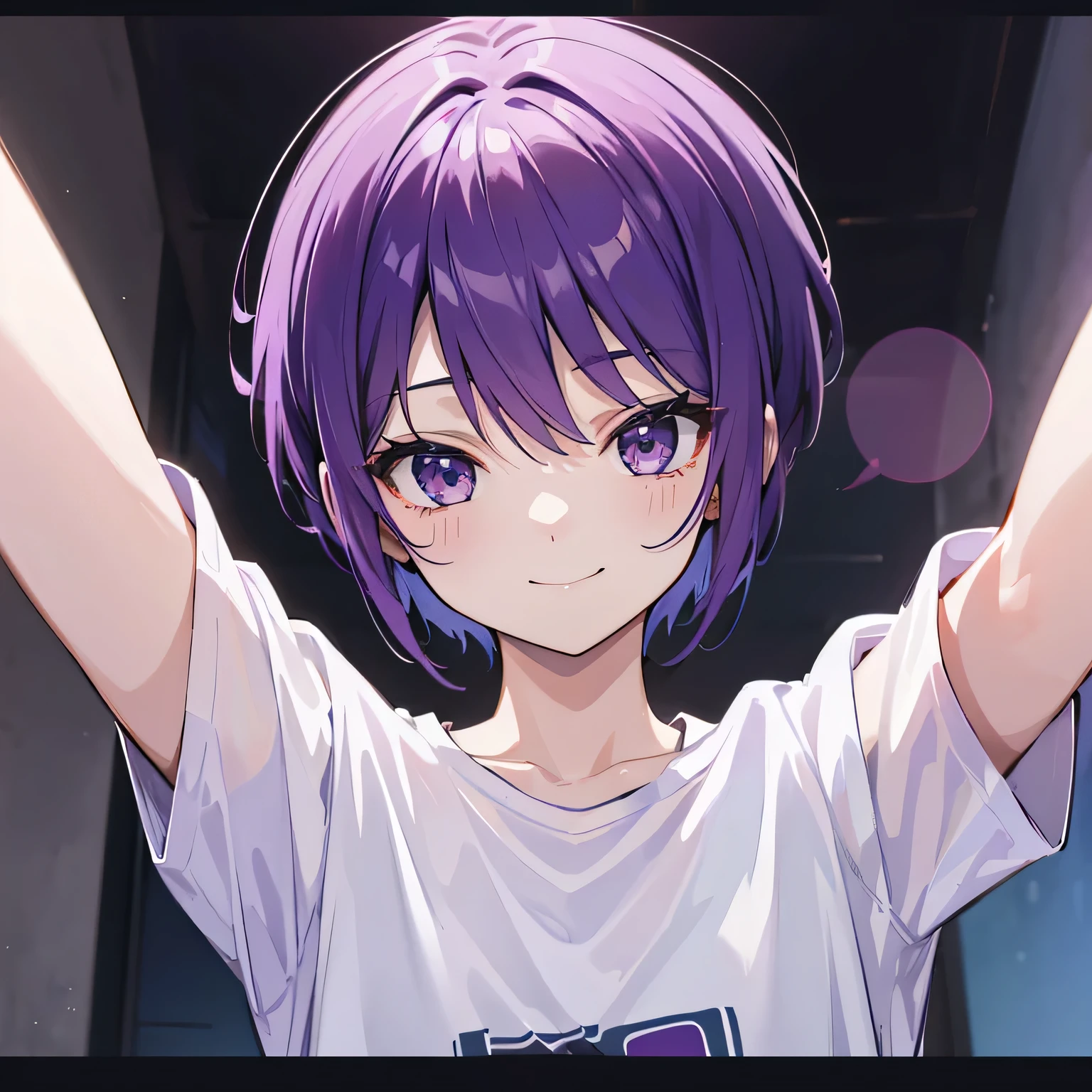 (T Masterpiece，4K wallpaper，Best Quality))、((１people))、(solo)、Bright and Brilliant，(Purple Hair)、(short hair:1.3)、smile、Bedroom、T-Shirts、night