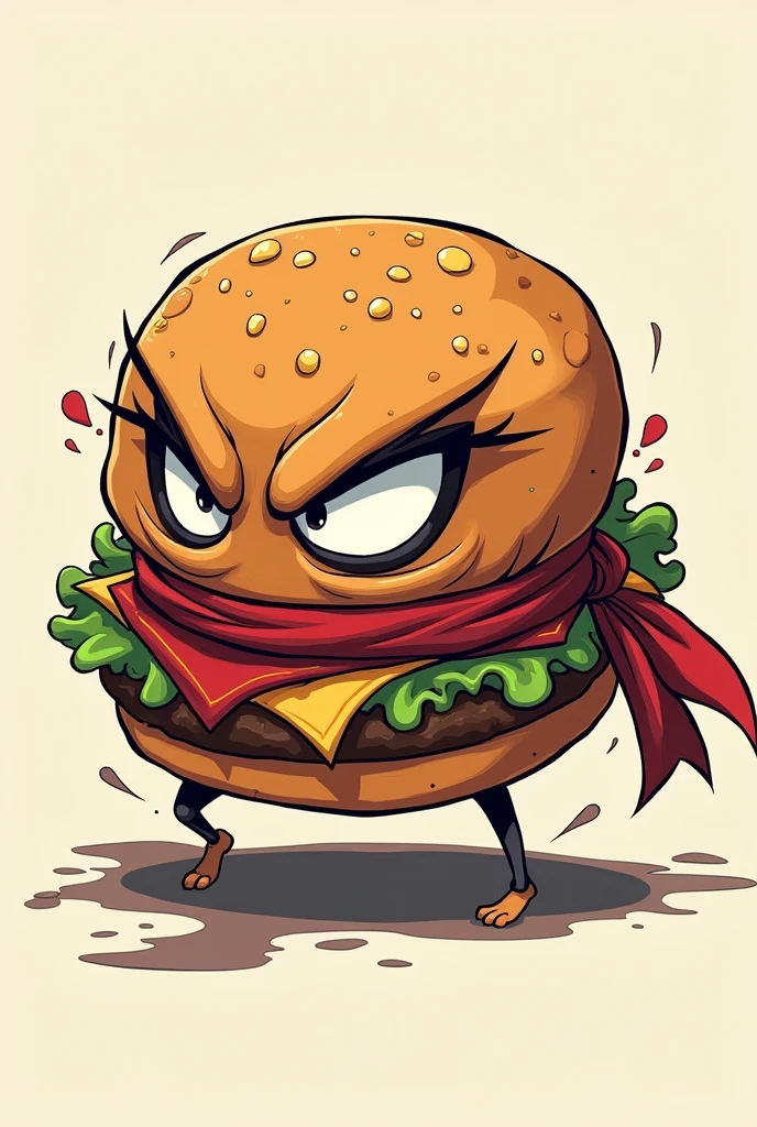 rough burger, anime style, that has a ninja ribbon, with eyes, that this one in profile or sideways, but rude
