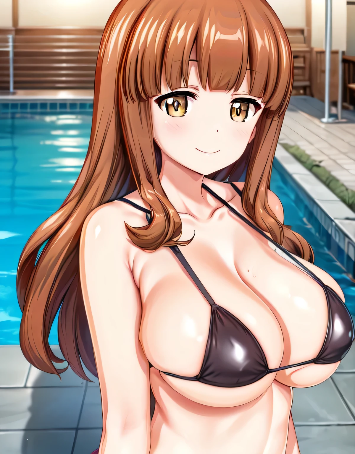 seductive,alluing,lips,(cheek:0.7),girls und panzer,takebesaori,(shiny black micro bikini),(deep ),(gorgeous indoor pool),(large breasts:shiny,hair),((solo)),((masterpiece)),((best quality)),perfect anatomy,slim waist,perfect image,8k UHD,(beautiful detailed eyes:1.5),extremely detailed face,standing,(upper body:1.25),(look at the front:1.5),arms behindback,ultra-detailed,absurdres,highres,(yellow eyes),blush,(blunt bangs),(light brown hair),smile,