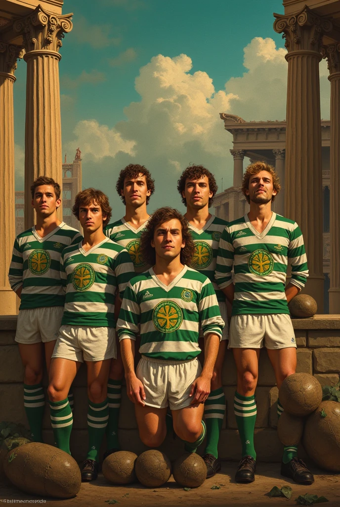 Please create a Renaissance style picture of Celtic’s 1966/67 treble (UEFA Champions League, Scottish First Division and Scottish League Cup) with ancient Greek setting. Use techniques such as chiaroscuro and warm color palette.