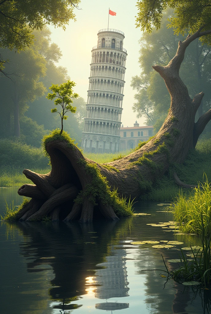 Give me a picture of a large dead tree lying on its side in the water of a swamp., There is a sapling on the top of the tree trunk., In the background are the trees of the marshland and the ruined leaning tower of pisa surrounded by vegetation., in the space of the afternoon