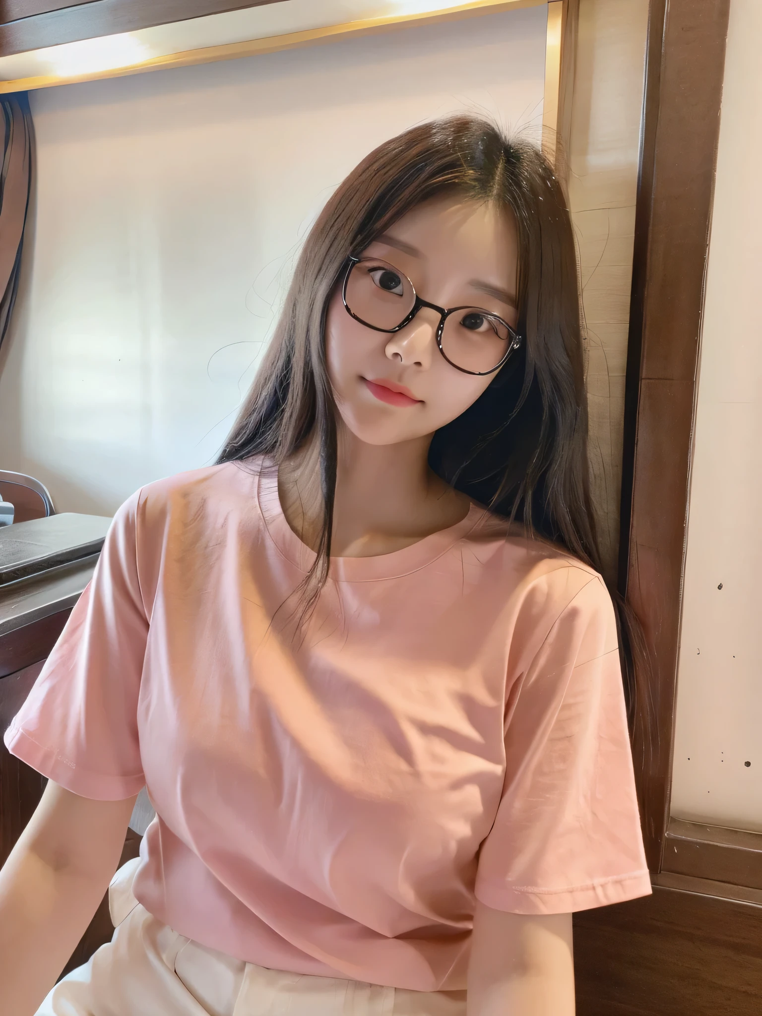 student girl korean cute　face　there is a girl with eyes glasses that is taking a selfie in the room, summer shirt, 23years old， with pink casual t shirt,  Korea style shirt, ，Fair complexion，Delicate skin，Good facial features