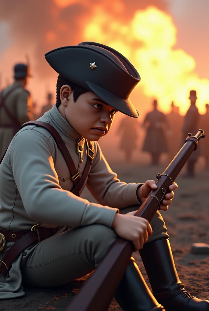 A roblox character in a napoleonic wars wearing white soldier uniform in a 1800s infantry "military brim Shako headgear", sitting down with his musket rifle, exhausted and tired fighting, realistic fear expression with a very dark forehead shadow in a side face while the background Is total explosive war with roblox character soldier in background
