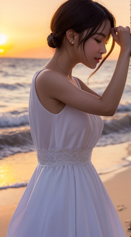 Tabletop, Highest quality, figure, Very detailed, In detail, High resolution, 8k wallpaper, Perfect dynamic composition, Beautiful attention to detail, Wear a dress, Natural color lip,Beach, ランダムでcuteポーズ, Kissing Face,close your eyes,Face Kiss Viewer,Perfect and beautiful face,cute,Sexy Face,Lift your chin,sunset,Ecstatic face,Create a feminine face