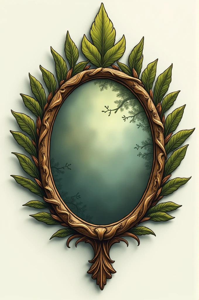 Illustration of a small, magical, antique mirror in the shape of a tree leaf
