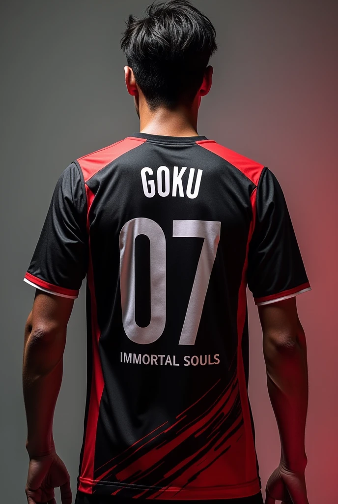 Make a person showing his backside with a jersey coloured with black and sleeves red coloured with a jersey number 07 in white colour with the name GOKU in white colour and below the jersey number written in small fonts immortal souls in capital