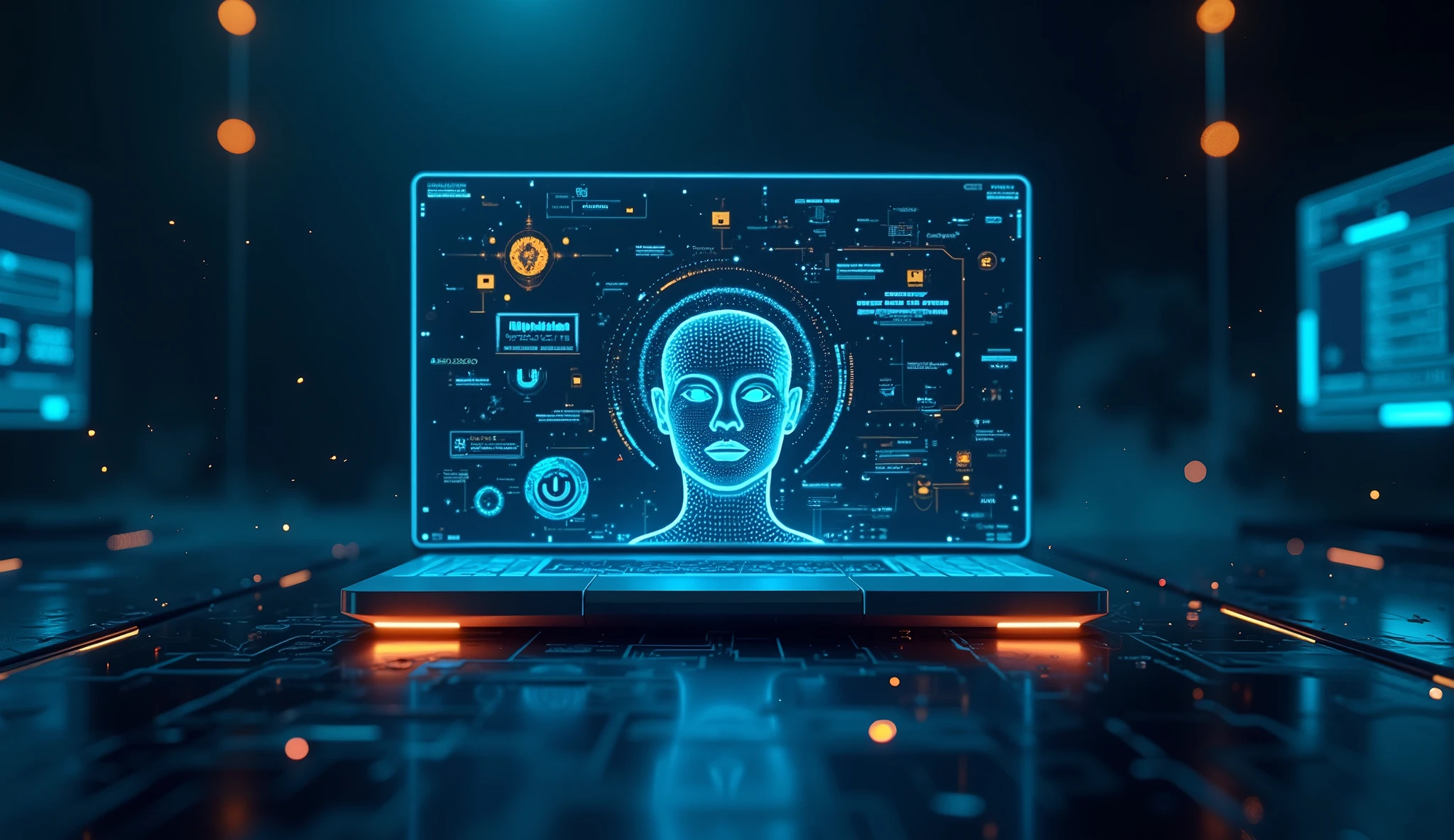 a futuristic digital computer interface, sophisticated ai system, a computer monitor displaying facial recognition, voice playback, dark blue and black background, blue glowing lights representing rapidly passing time, blue electrical sparks, advanced technology, cutting-edge digital technology, high-tech, sleek, minimalist, cinematic, dramatic lighting, moody, atmospheric,a clean, futuristic user interface with minimal clutter, glowing neon accents, holographic displays, subtle ambient lighting, cyberpunk style, 8k, highly detailed, digital art, cinematic lighting, ultrarealistic, masterpiece