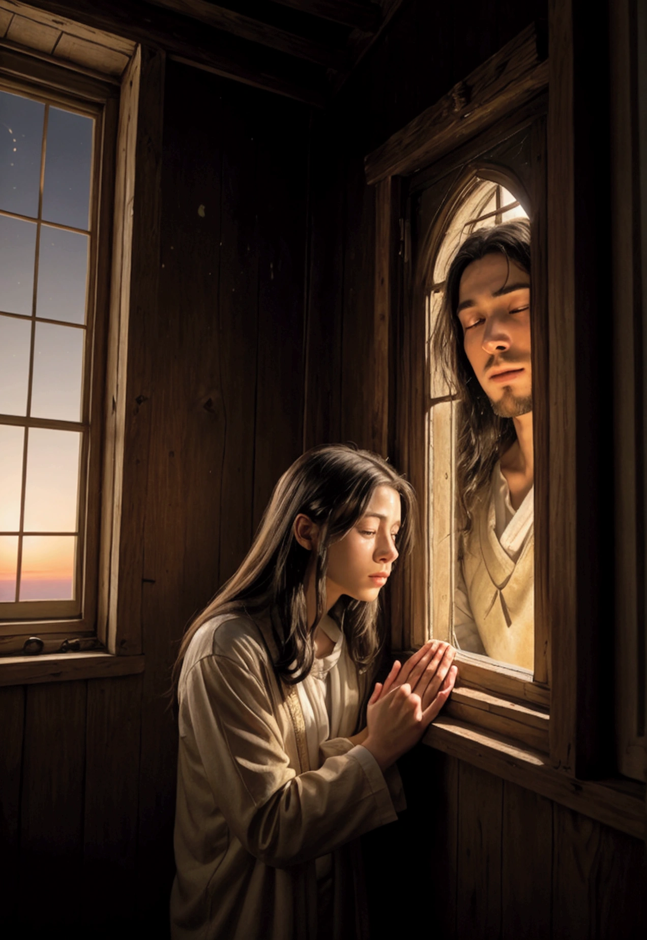 Jesus Christ praying in an old house where his face is reflected in a window and outside the sun is setting