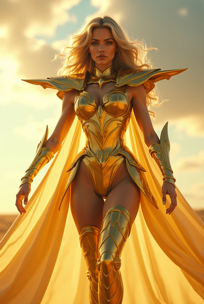 a beautiful female saint seiya, seductive body,walking, In the bright light of the film, the highly detailed depiction of Saint Seiya in golden Armor, their iconic sagittarius ailos, stands out. The armor shines brilliantly with realistic and hyper-realistic levels of detail, highlighting every part and intricacy. The Saint Seiya characters stand tall, walk exuding a sense of strength and determination, with their eyes shining and their lips finely sculpted. The entire scene is set against a cle
