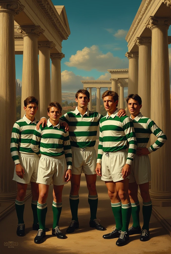 Please create a Renaissance style picture of Celtic’s 1966/67 treble (UEFA Champions League, Scottish First Division and Scottish League Cup) with ancient Greek setting. Use techniques such as chiaroscuro and warm color palette.