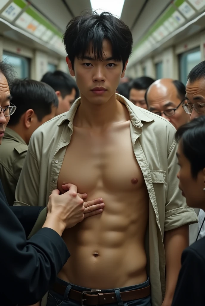 Real photo style、Realistic、Cute handsome man、Idol face、juvenile、、Japanese、Slim body、Mash Hair、Torn and open shirt、Six-pack、A crowded train、Completely naked、Full nudity、Surrounded by old people and touched all over