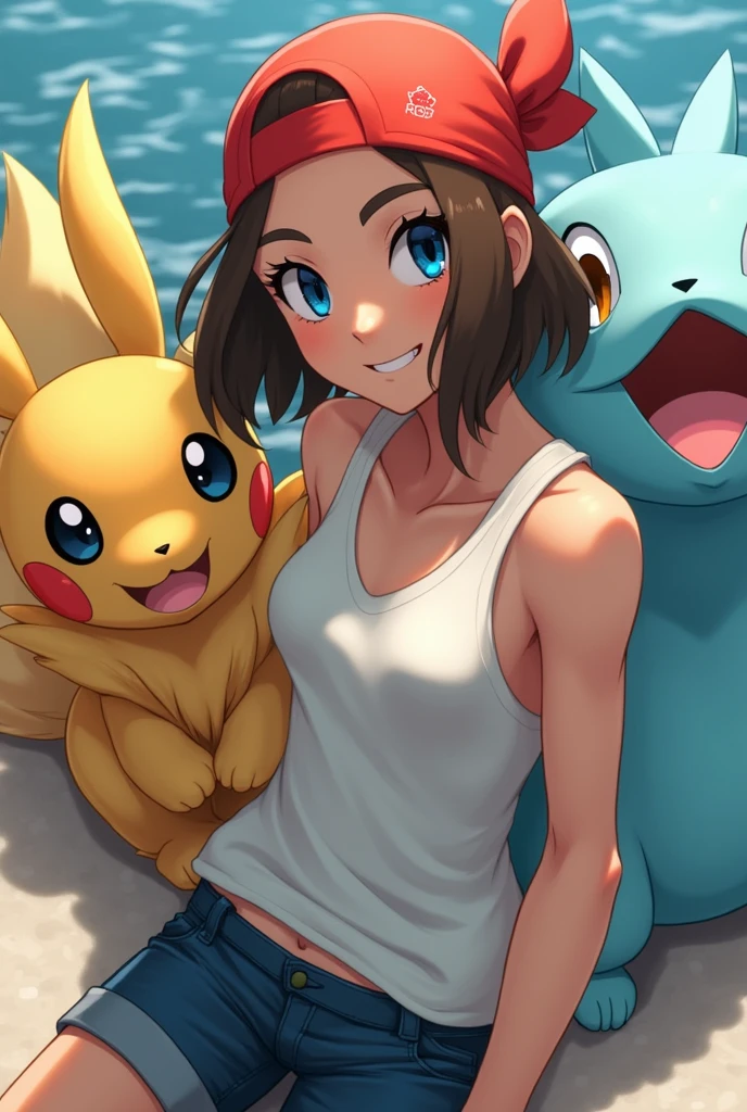 (masterpiece, Highest quality), One person, Pokémon, Brown Hair, Medium Hair, blue eyes, Red Bandana, Tank top, Denim shorts