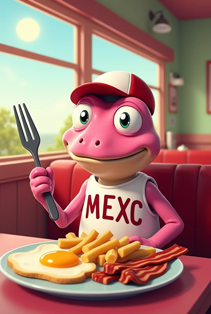 "Create an image of a cartoon-style pink frog character with large eyes, sitting in a retro diner. The frog is wearing a white tank top with the text mexc written on it in bold, visible letters. The frog is also wearing a red and white cap. It is holding a fork and looking at a plate with fried eggs, bacon strips, and French fries. The background should have a cozy diner interior with a window showing a sunny day outside and various condiments on the table