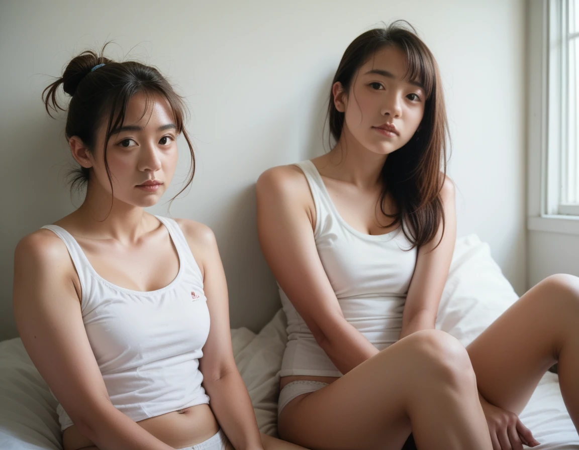 japanese 2 girls、 analog film photo, (Create a realistic and photorealistic photo image)、whole body、White tank top、White panties、Dimly lit place、Sitting、blur, tint, depth,