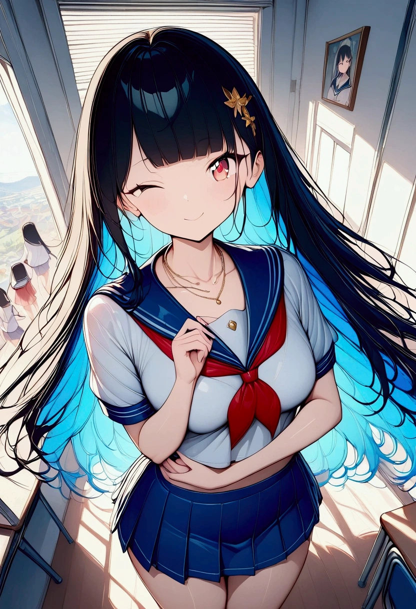 (((anime))) A woman winking,Cutesy,student,Short,Long Hair,Fluffy long hair,(Black Hair),Oblique bangs,necklace,Red eyes,Big eyes Sailor suit,mini skirt,classroom,Light pours in through the window,sunlight,masterpiece,Highest quality,Exquisite,8k,Absurd,Ultra-fine illustrations,(View your audience)