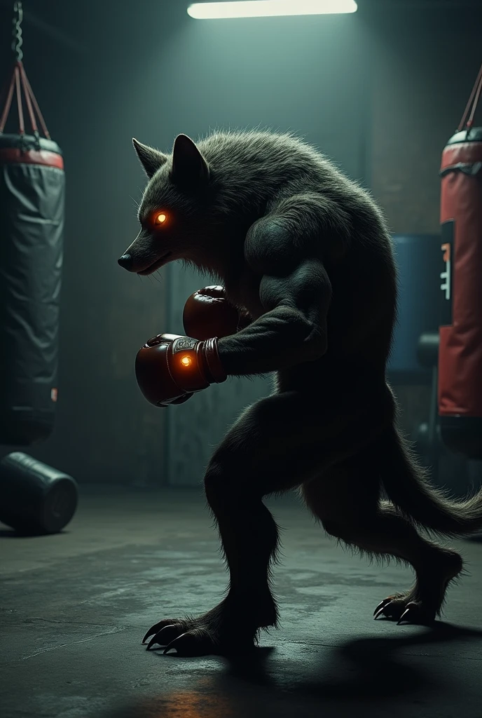 Aggressive humanoid wolf training in mma gym in shadows with gloves and brown glowing eyes