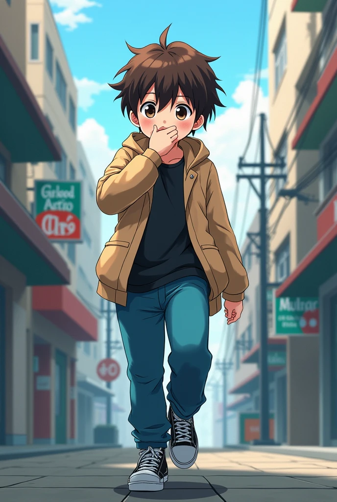 Coffee-haired boy, with skin-colored gabacha, blue pants and black center shirt, with some tennis shoes,covering his mouth with one hand, anime style, while walking in the city, age 18