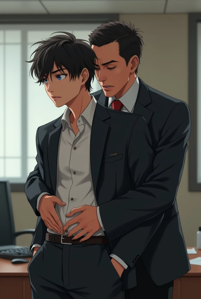 Real photo style、Realistic、Cute handsome man、Idol face、、Japanese、Slim body、Mash Hair、Completely naked、Full nudity、I was hugged from behind by an old man in a suit.、Inside the office、Embarrassed look
