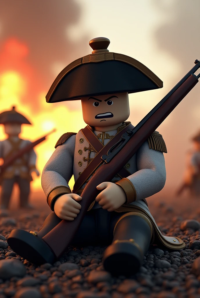 A roblox character in a napoleonic wars wearing white soldier uniform in a 1800s infantry "military brim Shako headgear", sitting down with his musket rifle, exhausted and tired fighting, realistic fear expression with a very dark forehead shadow in a side face while the background Is total explosive war with roblox character soldier in background