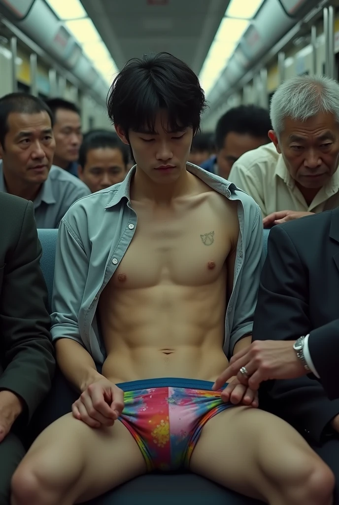 Real photo style、Realistic、Cute handsome man、Idol face、、Japanese、Slim body、Mash Hair、Torn and open shirt、Six-pack、A crowded train、Colorful thin boxer briefs、The old man next door puts his hand inside his briefs、Being touched all over the body、Old man grabs bulge in boxer briefs、The old man next to me touches my boxer briefs、Sad look