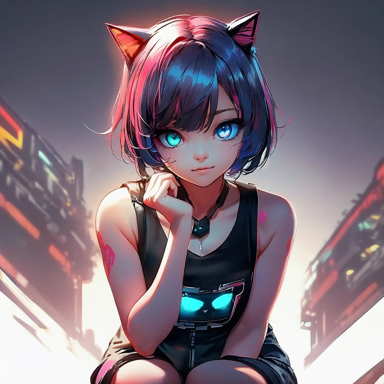 (Highest quality:1.2, Very detailed, Latest, Vibrant, Ultra-high resolution, High Contrast, masterpiece:1.2, Highest quality, Best aesthetics), Portraiture、girl、alone, (Age 25:1), (slim:1), Heterochromia iridis, Green Eye, Red Eye, Bright colors, (Cat ear:1), Tank top, Jeans Shorts, (Cat Pose:1.3), Beautiful details、Beautiful lip detail、Super Short Hair, ((Bobcut:1.5))、Pink and purple, ((Striped Hair:1.9)), (Highlighted Hair: 1.6), (Mid-chest:0.5), (Sunburn:0.5)