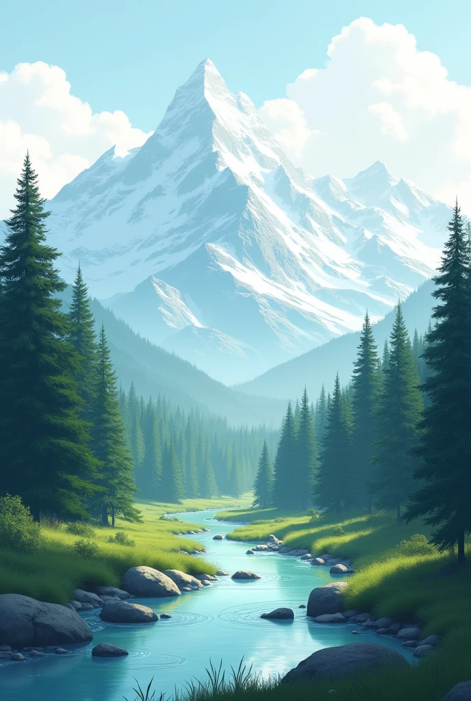 Landscape with mountains, stream, pine trees and clouds