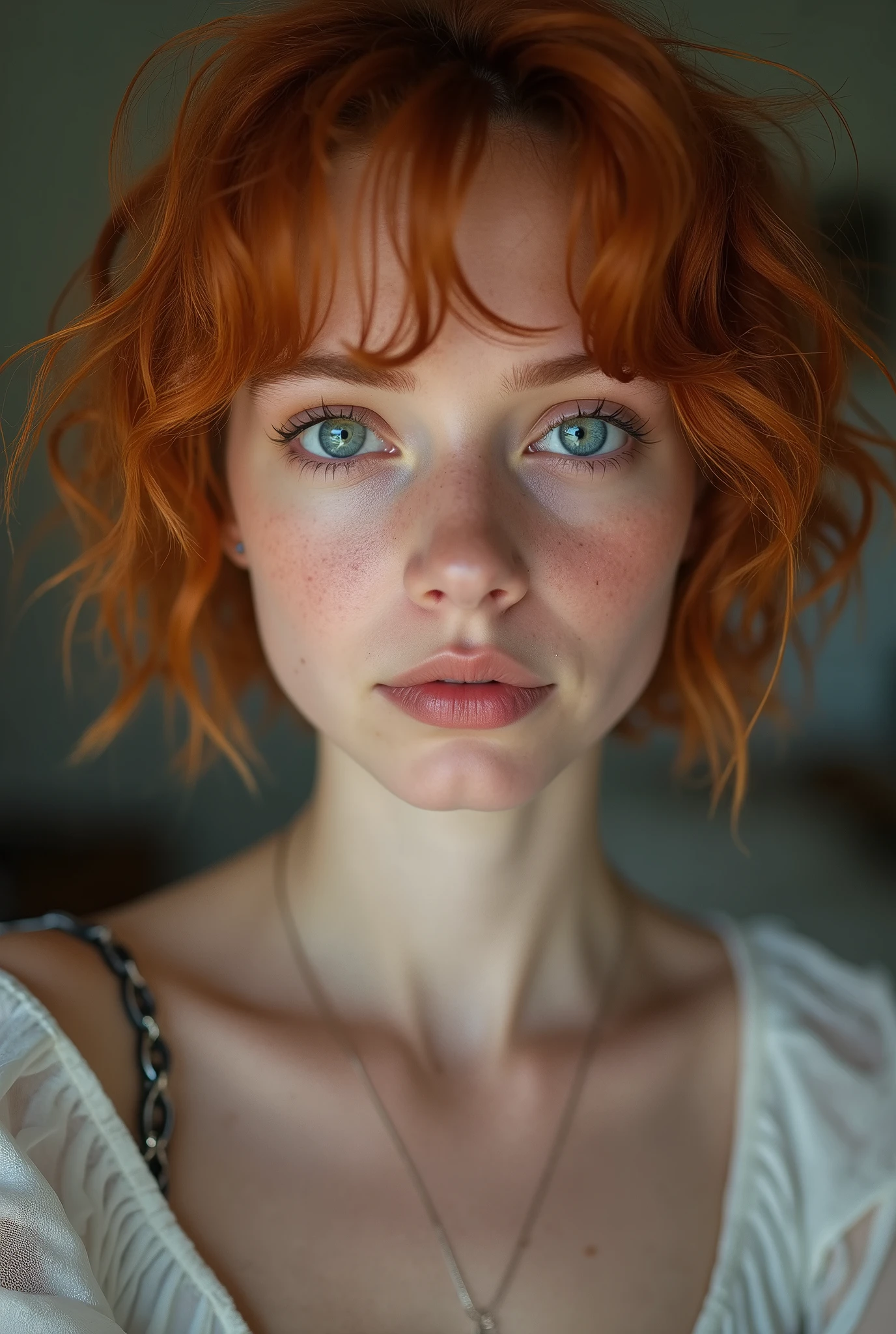 young teenager, Sexy girl with blue eyes, portraite, short curly red hair and big eyes, freckles, selfie of a young woman, Olhos do quarto, violet myers, no-makeup, Make-up natural, looking directly at the camera, guy with artgram, subtle makeup, Stunning full body photo, piercing green eyes, bodi com artgram, Unclothed, witheout panties