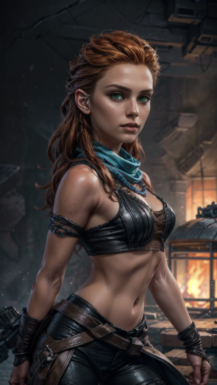 beautiful detailed eyes, beautiful detailed lips, extremely detailed eyes and face, long eyelashes, 1girl, cosplay, Kim Possible cosplays as Aloy from Horizon games, intricate detailed costume, high quality 3D render, cinematic lighting, photorealistic, hyper detailed, vibrant colors, warm lighting, dramatic pose, dynamic action, epic fantasy, (wide angle:1.32), (full length portrait:1.27), (small head) 