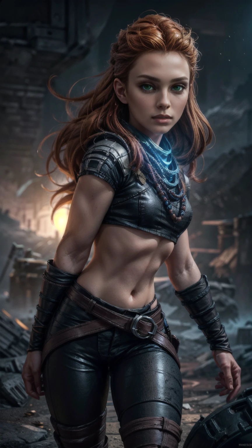 beautiful detailed eyes, beautiful detailed lips, extremely detailed eyes and face, long eyelashes, 1girl, cosplay, Kim Possible cosplays as Aloy from Horizon games, intricate detailed costume, high quality 3D render, cinematic lighting, photorealistic, hyper detailed, vibrant colors, warm lighting, dramatic pose, dynamic action, epic fantasy, (wide angle:1.32), (full length portrait:1.27), (small head) 