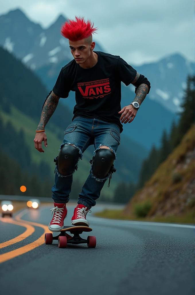 a young Punk skateboarding with red mohawk and upturned jacket covered in tattoos on his arms,the bodys is fat , confidently riding a skateboard down a winding mountain road ferry fasted, framed by the night golden light of the street. He is wearing a black t-shirt with a vintage VAN logo on his chest and a bag on his back, and denims jeans and use red converse shoes. The man look at the camera, his hands protected by black gloves, adding a personal touch to the thrilling scene. He also wears knee and elbow pads, ensuring safety as he navigates the turns with ease. The background is midnight lanscape features rolling green hills and snow-capped mountains in the distance, creating a stunning contrast to the rider’s dynamic movements, amplifying the excitement. In the distance. The image exudes the thrill of downhill skateboarding, the beauty of the natural scenery, and the fearless energy of the rider, with an Instagram-worthy night atmosphere.