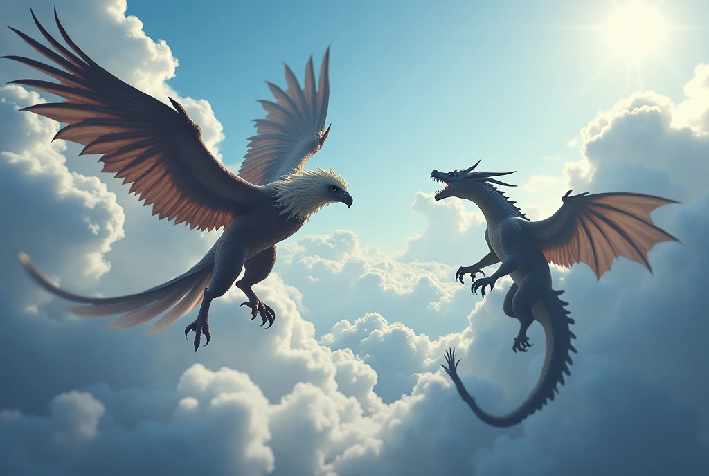 fantasy art, griffin with fore claws extended, dives at an unaware wyvern, battle in the clouds