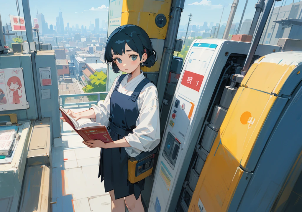 ((Highest quality)), ((masterpiece)), (detailed), One girl, Ghibli-style anime woman with earphones、machine、reading、Ghibli-style illustrations、City Pop